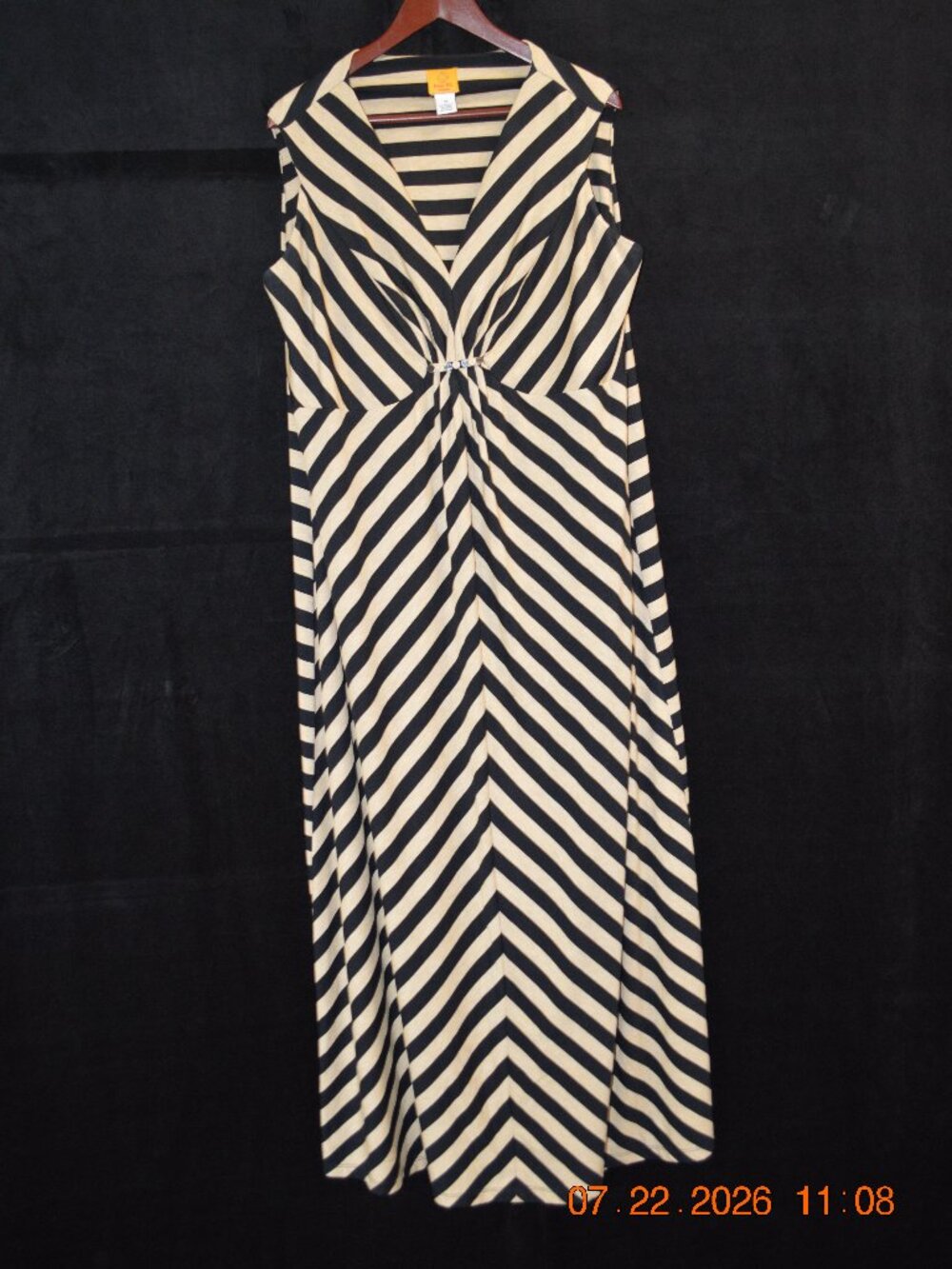 Ruby Road Women's Size 14 Black Cream Striped V-Neck Maxi Dress